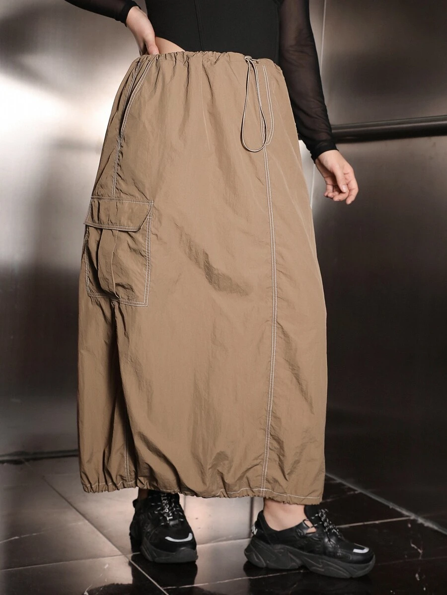 SHEIN Coolane Plus Flap Pocket Side Drawstring Waist Zip Up Cargo Skirt - Khaki - View 1