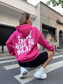 SHEIN Unity Positive Slogan Smiling Face Cute Long Hoodie - Hot Pink - View 5