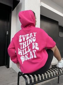 SHEIN Unity Positive Slogan Smiling Face Cute Long Hoodie - Hot Pink - View 6