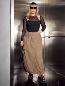 SHEIN Coolane Plus Flap Pocket Side Drawstring Waist Zip Up Cargo Skirt - Khaki - View 2