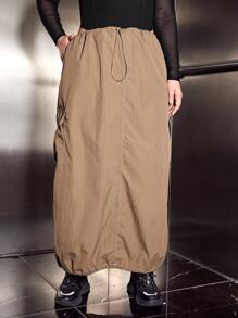 SHEIN Coolane Plus Flap Pocket Side Drawstring Waist Zip Up Cargo Skirt - Khaki - View 4