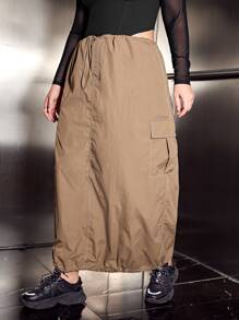SHEIN Coolane Plus Flap Pocket Side Drawstring Waist Zip Up Cargo Skirt - Khaki - View 5