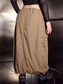 SHEIN Coolane Plus Flap Pocket Side Drawstring Waist Zip Up Cargo Skirt - Khaki - View 6