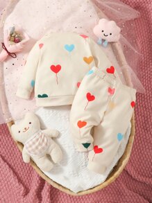 嬰兒嬰兒愛心圖案衛衣和衛褲 - 杏色 - 查看 2
