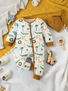 男嬰卡通圖案撞色滾邊連身褲 - 白色 - 查看 1