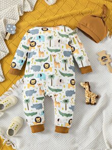 男嬰卡通圖案撞色滾邊連身褲 - 白色 - 查看 2