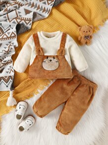 Baby Cartoon Embroidery 3D Ear Design Pullover & Trousers - Multicolor - View 1