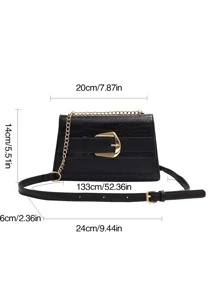 yating 鱷魚壓紋搭扣裝飾鏈條翻蓋方包 - 黑色 - 查看 3