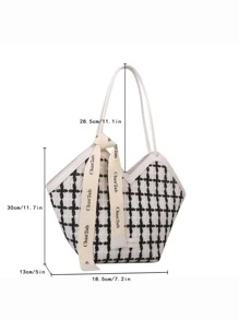 Plaid Pattern Letter Patch & Skinny Scarf Decor Shoulder Tote Bag - Multicolor - View 2