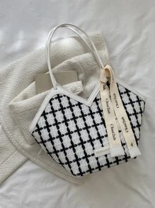 Plaid Pattern Letter Patch & Skinny Scarf Decor Shoulder Tote Bag - Multicolor - View 3