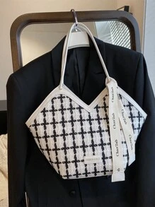 Plaid Pattern Letter Patch & Skinny Scarf Decor Shoulder Tote Bag - Multicolor - View 5