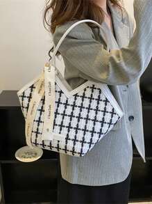 Plaid Pattern Letter Patch & Skinny Scarf Decor Shoulder Tote Bag - Multicolor - View 6