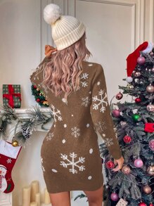 SHEIN LUNE Ugly Christmas Pattern Jumper Dress - Mocha Brown - View 2