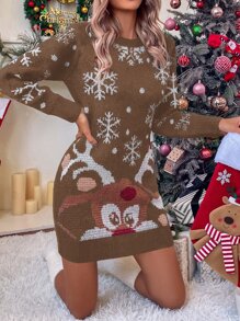 SHEIN LUNE Ugly Christmas Pattern Jumper Dress - Mocha Brown - View 3