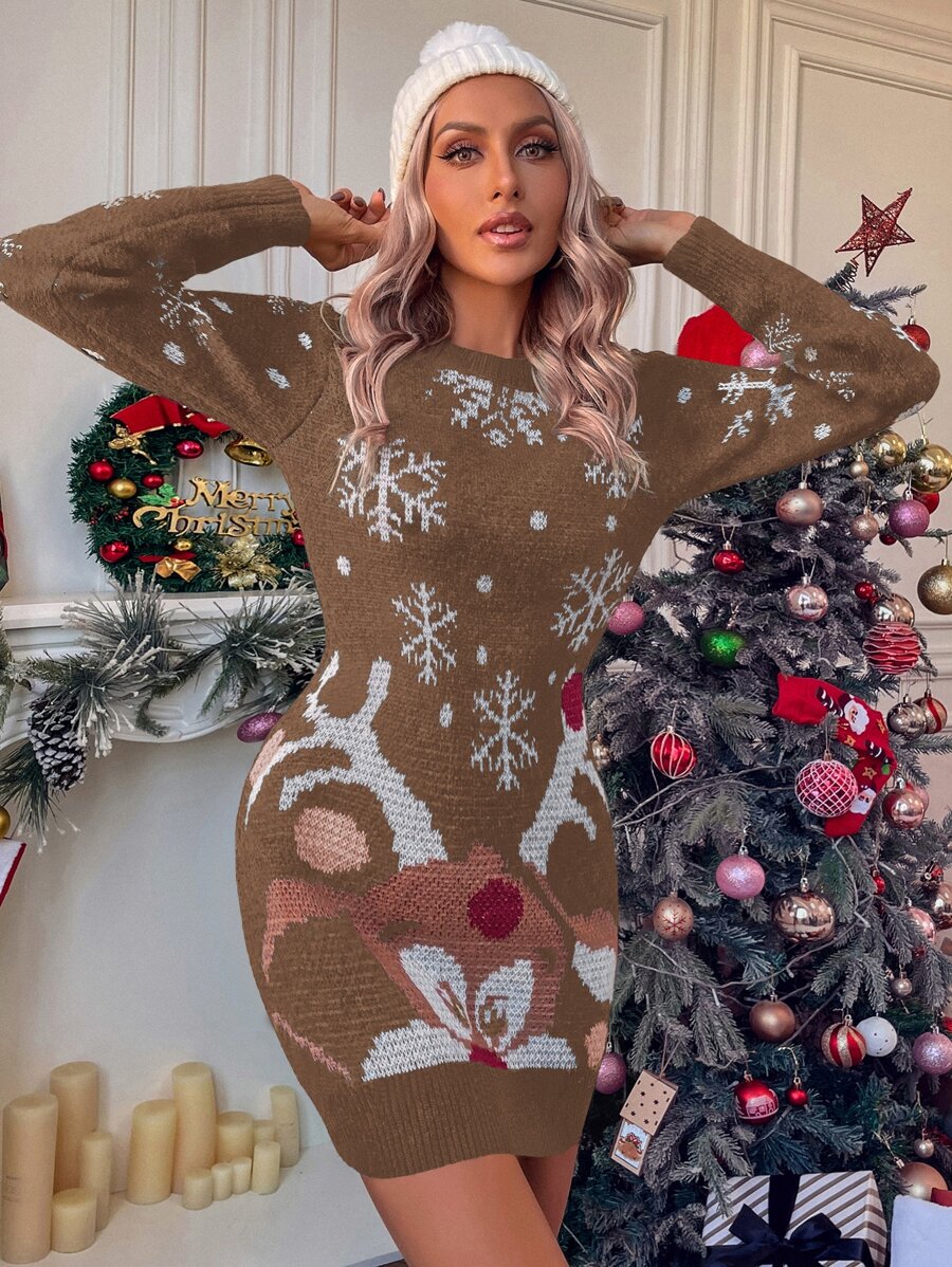 SHEIN LUNE Ugly Christmas Pattern Jumper Dress - Mocha Brown - View 1