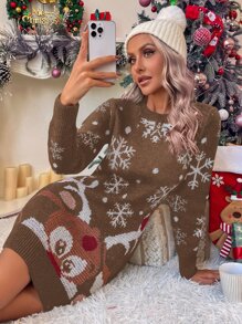 SHEIN LUNE Ugly Christmas Pattern Jumper Dress - Mocha Brown - View 5