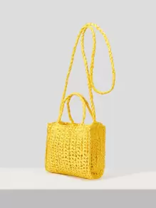SHEIN VCAY 女士純色簡約日常織物手提包 - 黃色 - 查看 5