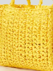 SHEIN VCAY 女士純色簡約日常織物手提包 - 黃色 - 查看 7