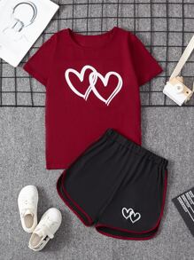 SHEIN Tween Girl Heart Print Tee & Contrast Binding Shorts - Multicolor - View 1