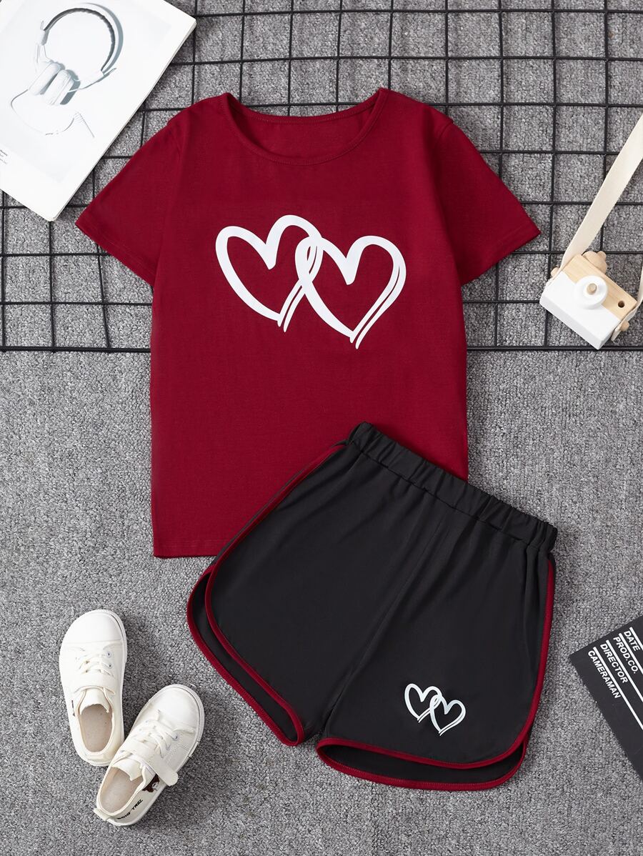 SHEIN Tween Girl Heart Print Tee & Contrast Binding Shorts - Multicolor - View 1