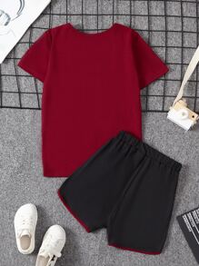 SHEIN Tween Girl Heart Print Tee & Contrast Binding Shorts - Multicolor - View 2