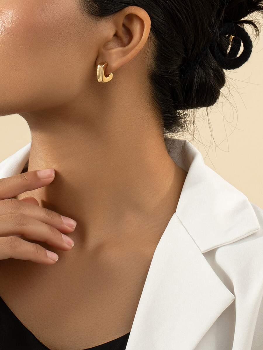 Geometric Design Stud Earrings - Yellow Gold - View 1