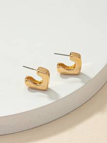 Geometric Design Stud Earrings - Yellow Gold - View 2