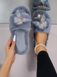 女士蝴蝶毛绒拖鞋，韩版平底防滑室内/室外毛皮拖鞋，适合秋冬季 - 灰色 - 查看 1