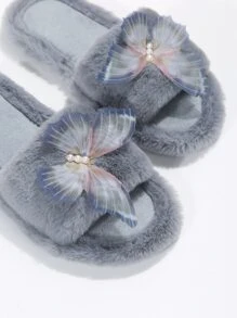 女士蝴蝶毛绒拖鞋，韩版平底防滑室内/室外毛皮拖鞋，适合秋冬季 - 灰色 - 查看 2