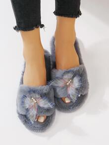 女士蝴蝶毛绒拖鞋，韩版平底防滑室内/室外毛皮拖鞋，适合秋冬季 - 灰色 - 查看 3