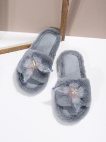 女士蝴蝶毛绒拖鞋，韩版平底防滑室内/室外毛皮拖鞋，适合秋冬季 - 灰色 - 查看 4