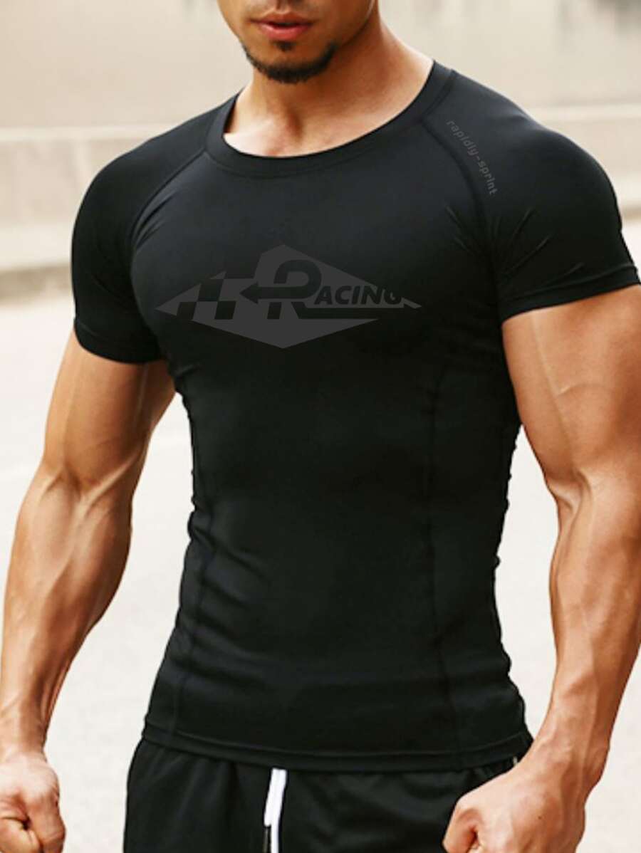 SHEIN Daily&Casual Hombres Camiseta deportiva con estampado geométrico de manga raglán - Negro - Ver 1