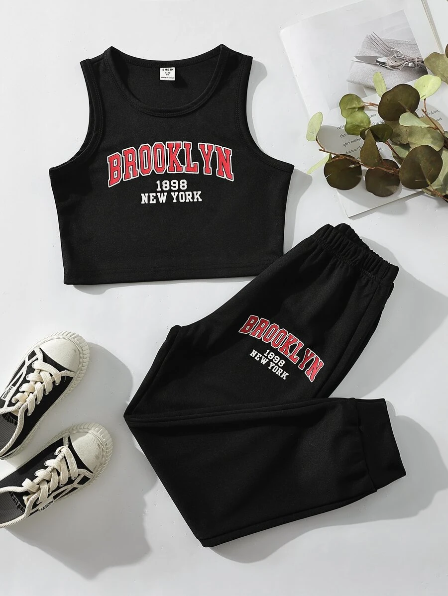 SHEIN Girls Letter Graphic Tank Top & Joggers - Black - View 1