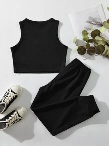 SHEIN Girls Letter Graphic Tank Top & Joggers - Black - View 2