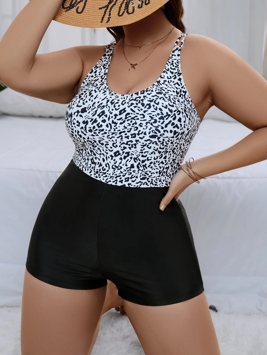 Plus Leopard Print Crisscross One Piece Swimsuit - Black and White - View 1