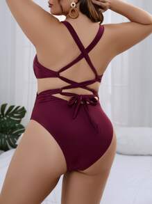 SHEIN Swim Curve Plus Solid Criss Cross One Piece Swimsuit - Maroon - View 3