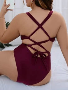 SHEIN Swim Curve Plus Solid Criss Cross One Piece Swimsuit - Maroon - View 4