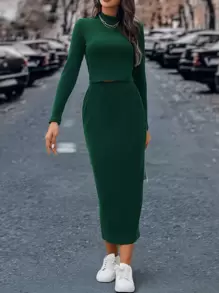 SHEIN Clasi 小高領條紋針織T恤和裙子 - 墨綠色 - 查看 1