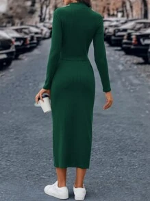 SHEIN Clasi 小高領條紋針織T恤和裙子 - 墨綠色 - 查看 2