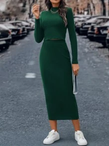 SHEIN Clasi 小高領條紋針織T恤和裙子 - 墨綠色 - 查看 3
