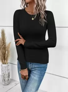 SHEIN LUNE 纯色罗纹针织套头衫，适合秋冬季穿着 - 黑色 - 查看 1