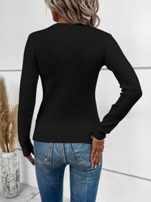SHEIN LUNE 纯色罗纹针织套头衫，适合秋冬季穿着 - 黑色 - 查看 2