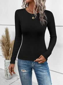 SHEIN LUNE 纯色罗纹针织套头衫，适合秋冬季穿着 - 黑色 - 查看 4