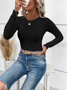 SHEIN LUNE 纯色罗纹针织套头衫，适合秋冬季穿着 - 黑色 - 查看 5