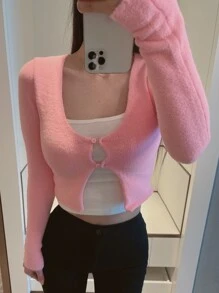 DAZY Solid Button Front Crop Cardigan - Pink - View 1