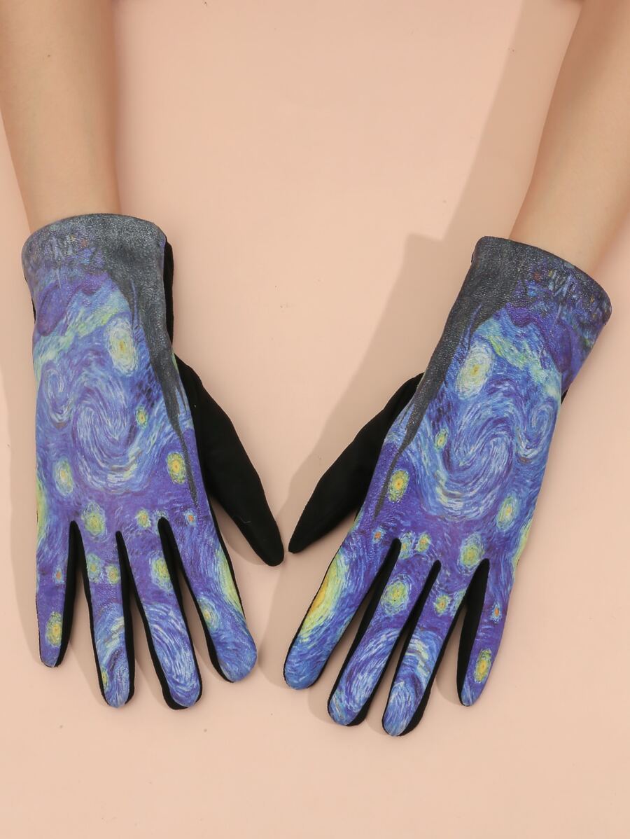 1pair Women's Multicolor Classic Starry Sky Ink Print Fashion Gloves With Touch Screen Compatibility For Warm Keeping In Fall And Winter - Multicolor - View 1