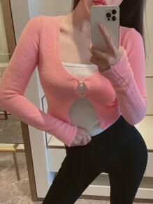 DAZY Solid Button Front Crop Cardigan - Pink - View 7