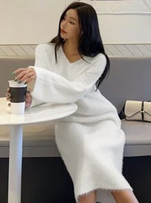 DAZY Fluffy Knit Jumper Dress - White - View 4
