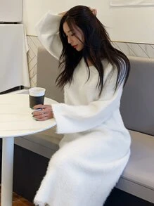 DAZY Fluffy Knit Jumper Dress - White - View 7