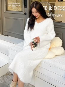 DAZY Fluffy Knit Jumper Dress - White - View 8